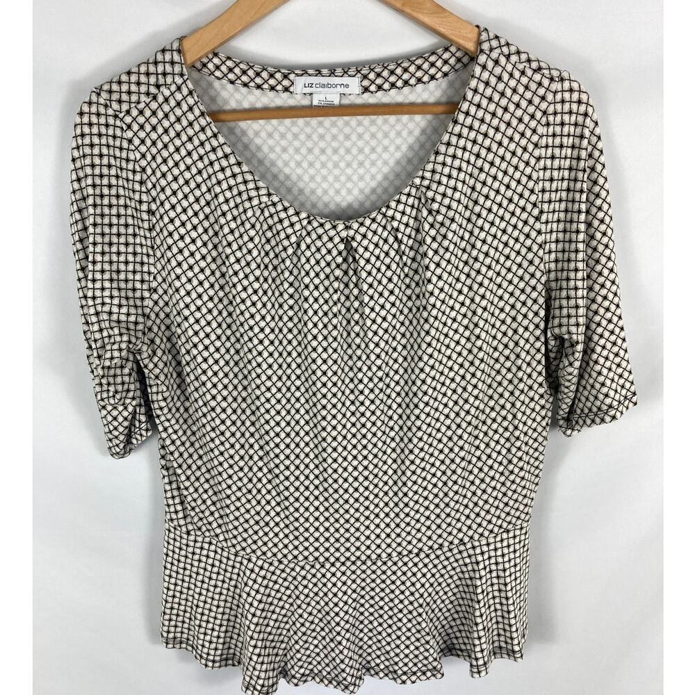 Liz Claiborne Short Sleeve Patterned Peplum Bottom Blouse Size Large